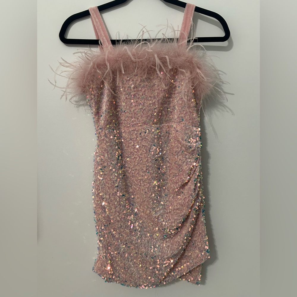 Sparkling Pink Feathered Kids Formal Dress